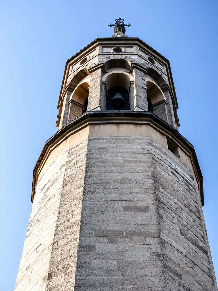 A high-quality photo of the church's bell tower before restoration, showing its deteriorated condition with visible cracks and weathering.