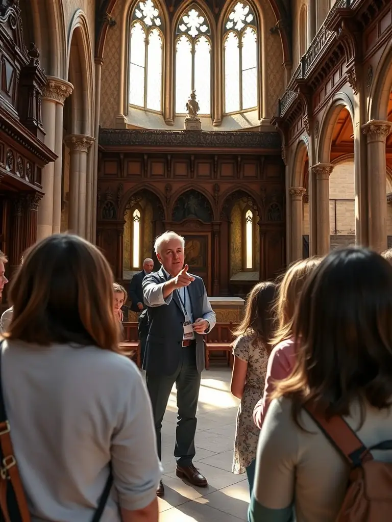 A photograph of a guided tour taking place inside the church, with a knowledgeable guide explaining the history and significance of the building to visitors.
