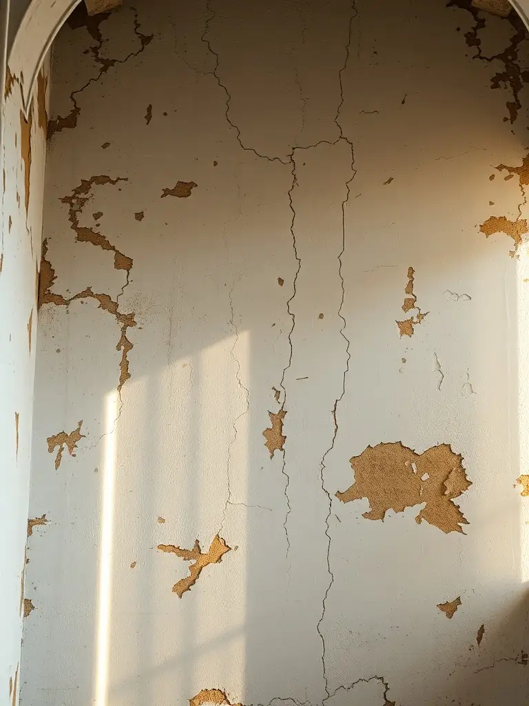 A photo of the church's interior walls before restoration, showing peeling paint, water damage, and general wear and tear.