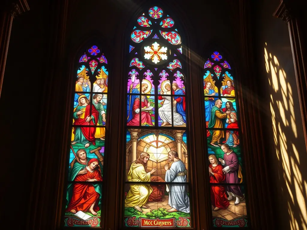 A stained glass window depicting a biblical scene inside the church.