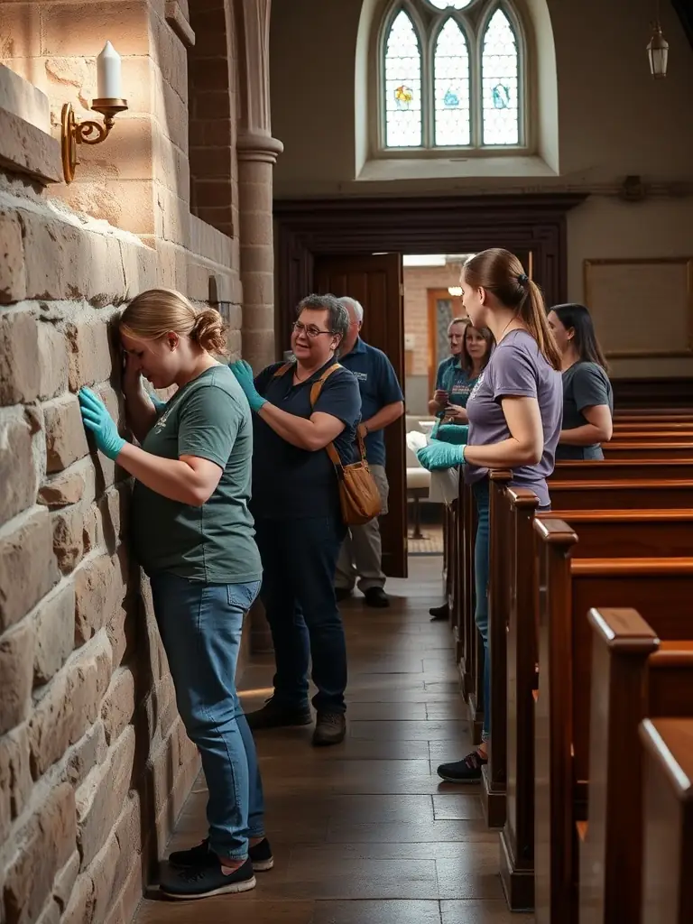A photograph capturing volunteers cleaning and restoring a section of the church's interior, showcasing their dedication to preserving the historical building.