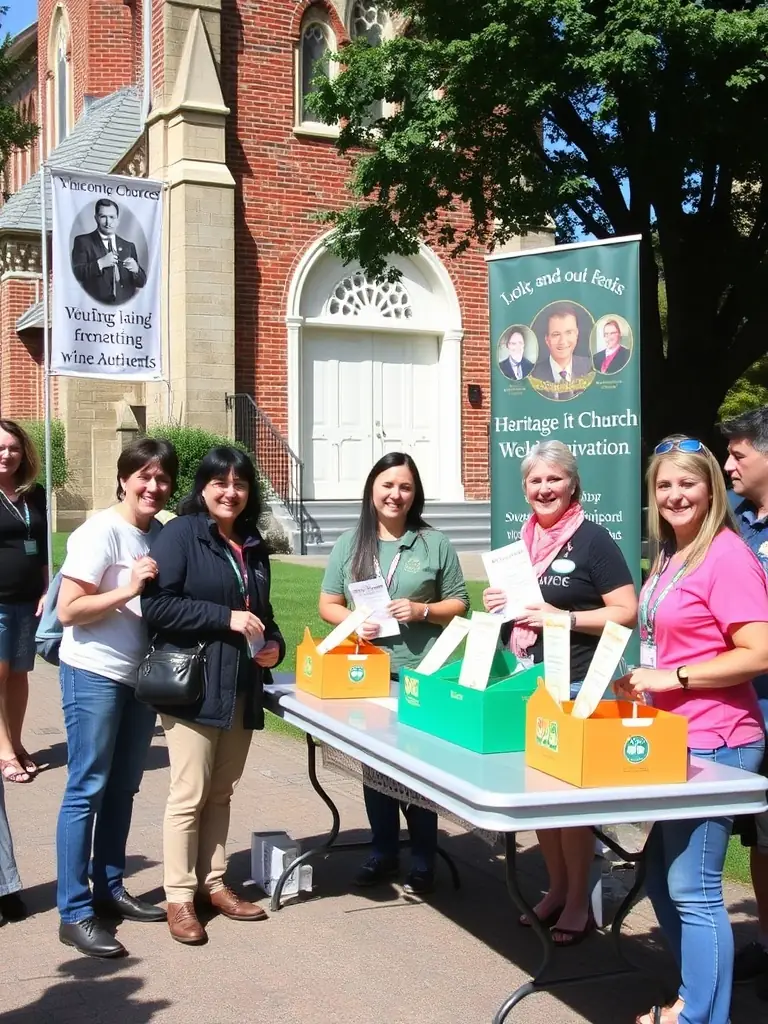 A photograph of fundraising activities for the Église de Saint-Sulpice-les-Champs, showing volunteers collecting donations and promoting the cause to preserve the church.