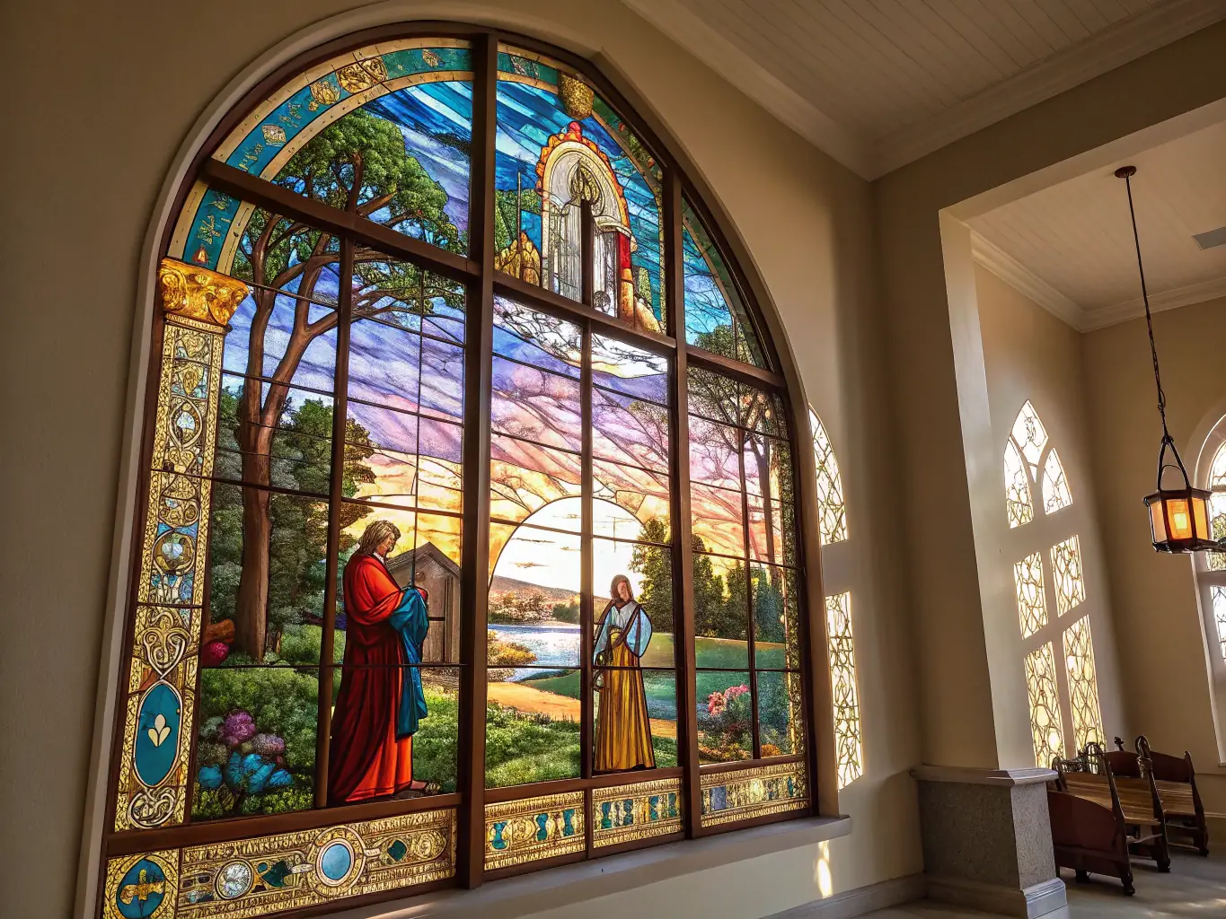 A detailed view of the church's stained glass windows, showcasing intricate designs and vibrant colors.