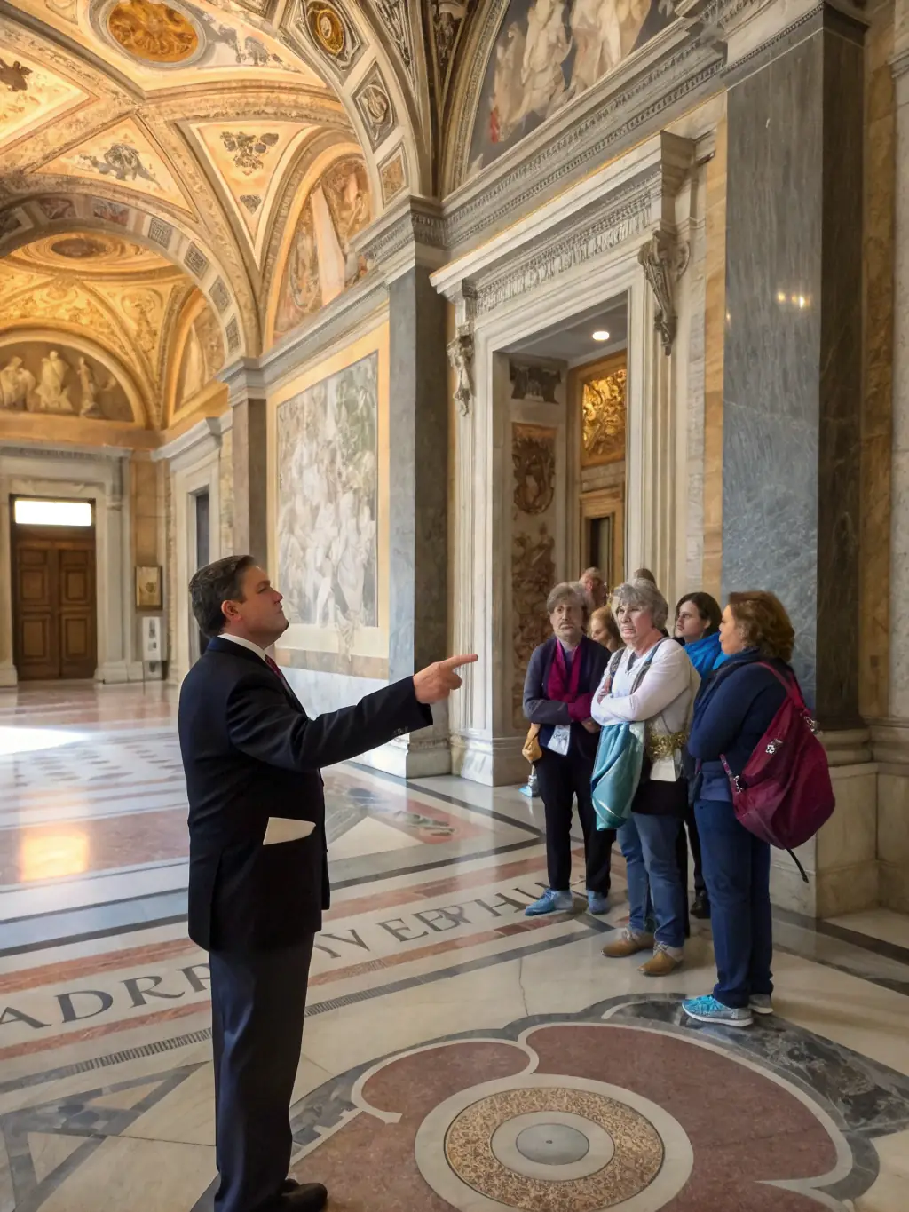 A photograph of a guided tour group inside the Église de Saint-Sulpice-les-Champs, with a knowledgeable guide explaining the history and significance of the church's architecture and artwork.