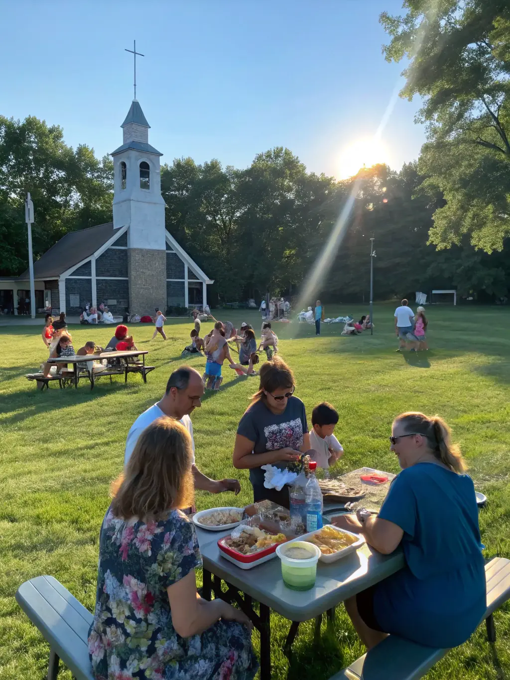 A photograph of a community event held on the grounds of the Église de Saint-Sulpice-les-Champs, featuring local residents enjoying music, food, and fellowship.