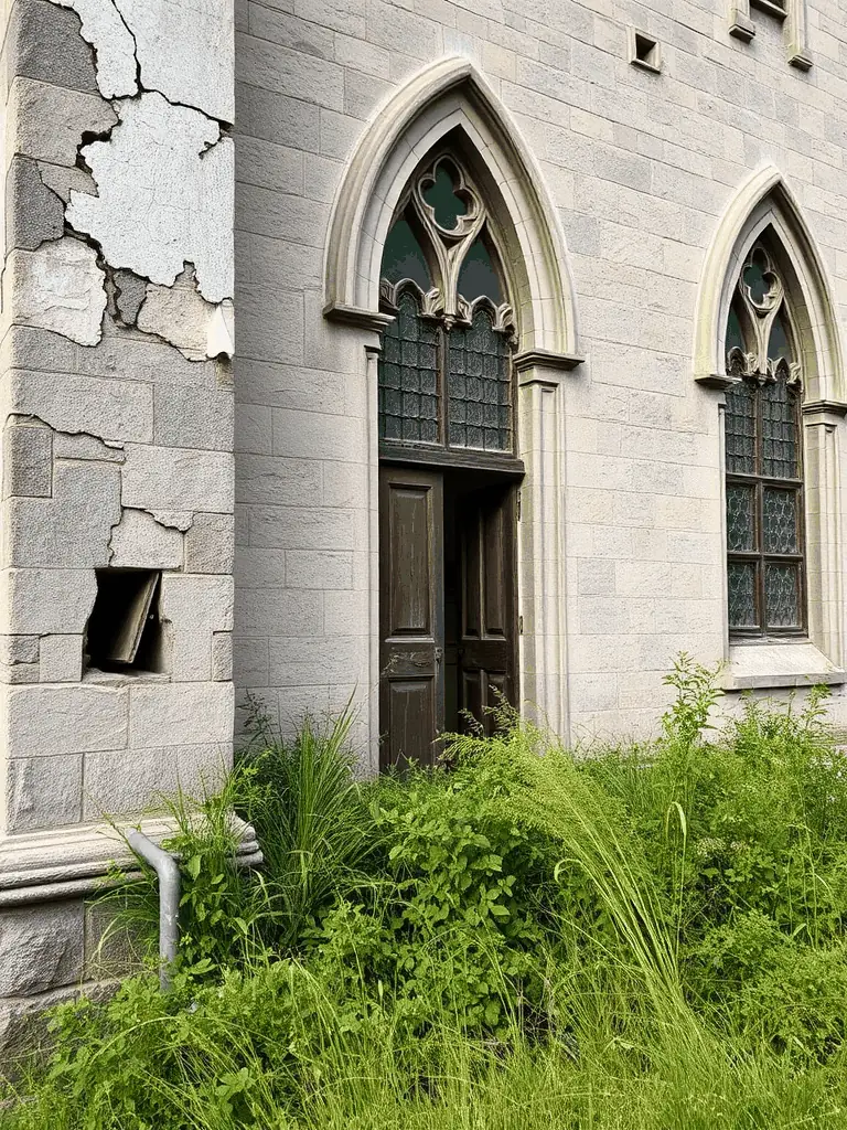 A photo of the church's stained glass windows before restoration, showing damaged or missing pieces and faded colors.