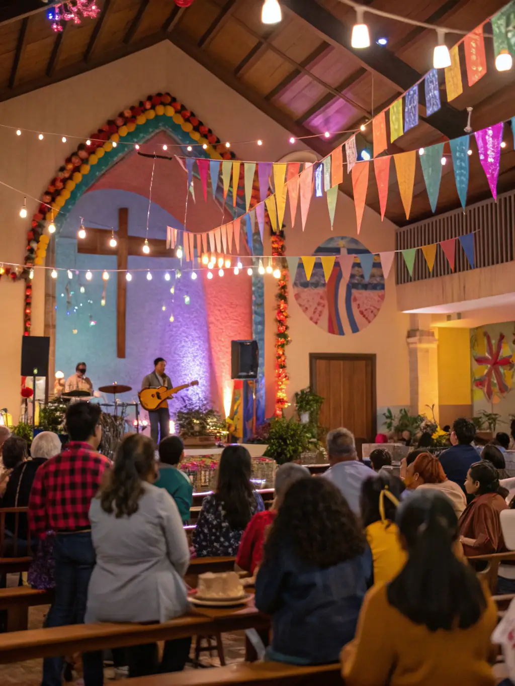 A photo showing the church illuminated at night during a festival or special occasion, highlighting the visual appeal and community engagement.
