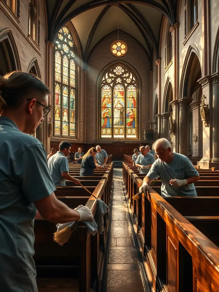 A photograph of volunteers cleaning and restoring a stained glass window inside the Église de Saint-Sulpice-les-Champs, showcasing the meticulous work involved in preserving the church's artistic heritage.